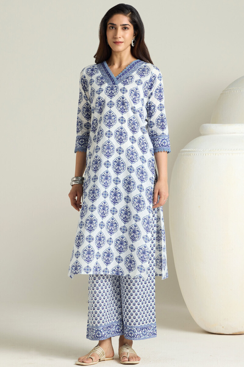 White Hand Printed Straight Cotton Dobby Kurta