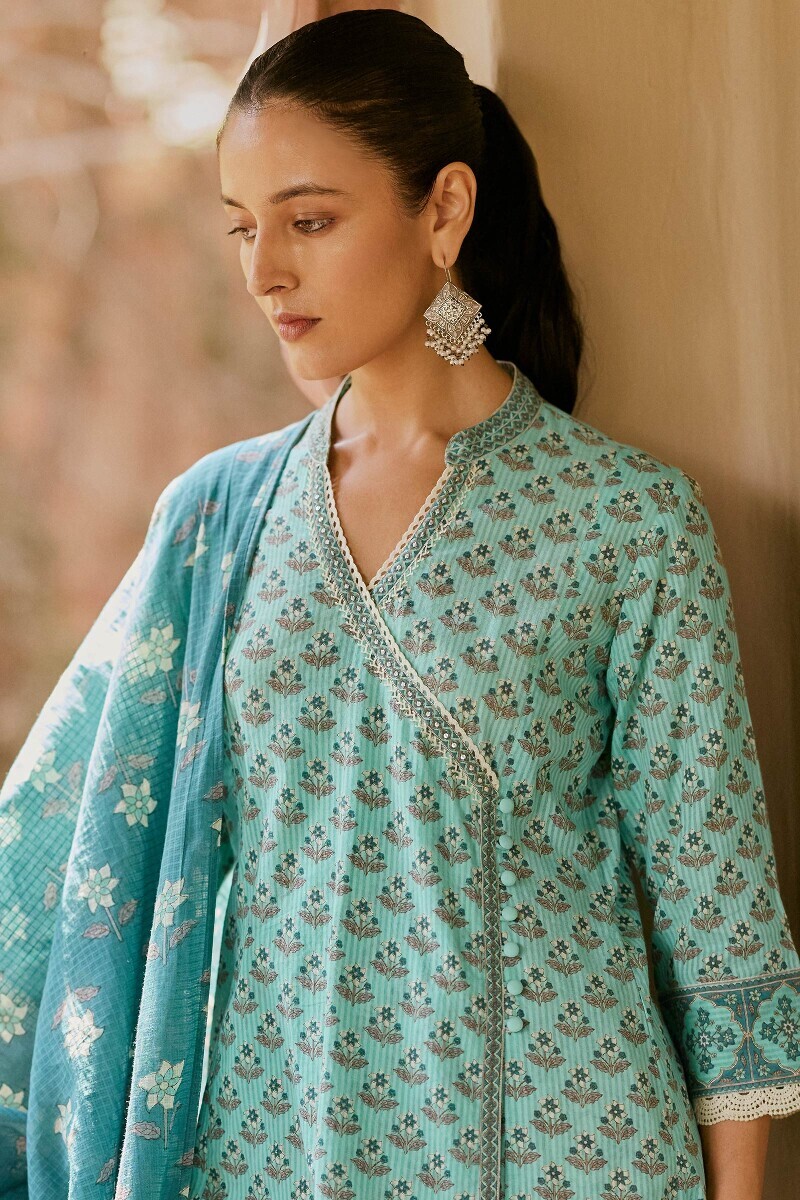 Blue Hand Printed Angrakha Cotton Dobby Kurta