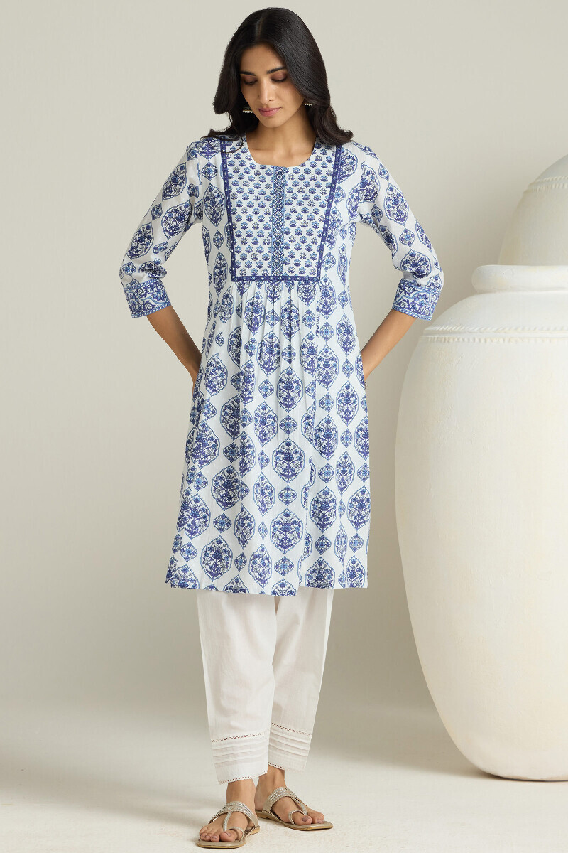 White Hand Printed Short Cotton Dobby Kurta