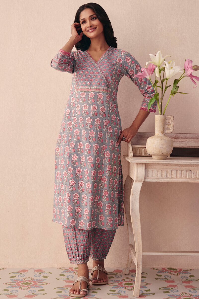 Grey Hand Printed Straight Cotton Slub Kurta