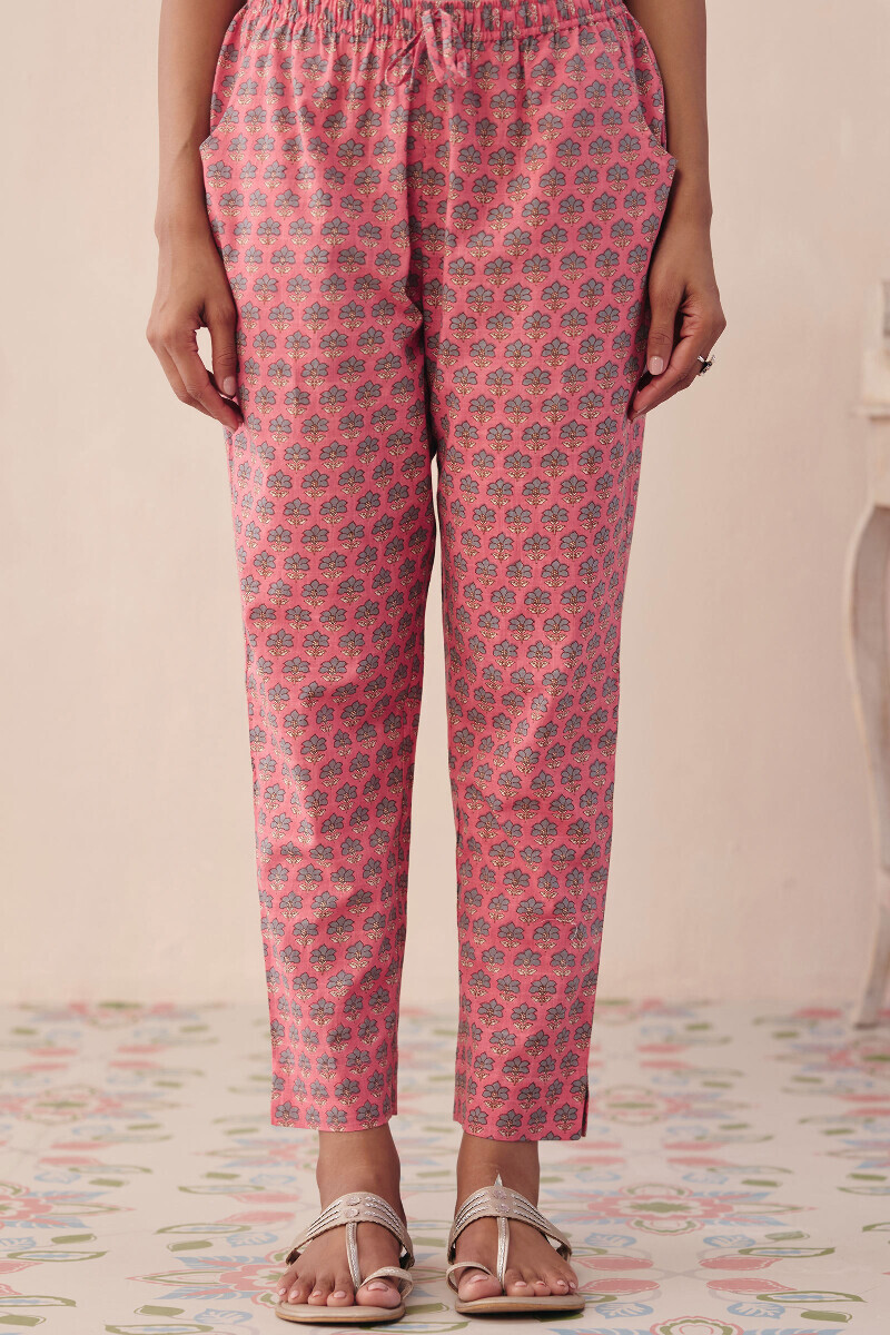 Pink Hand Printed Cotton Slub Narrow Pants