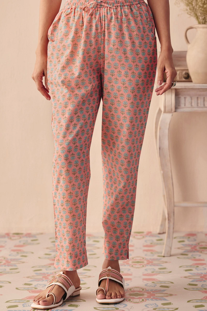 Pink Printed Cotton Narrow Pants