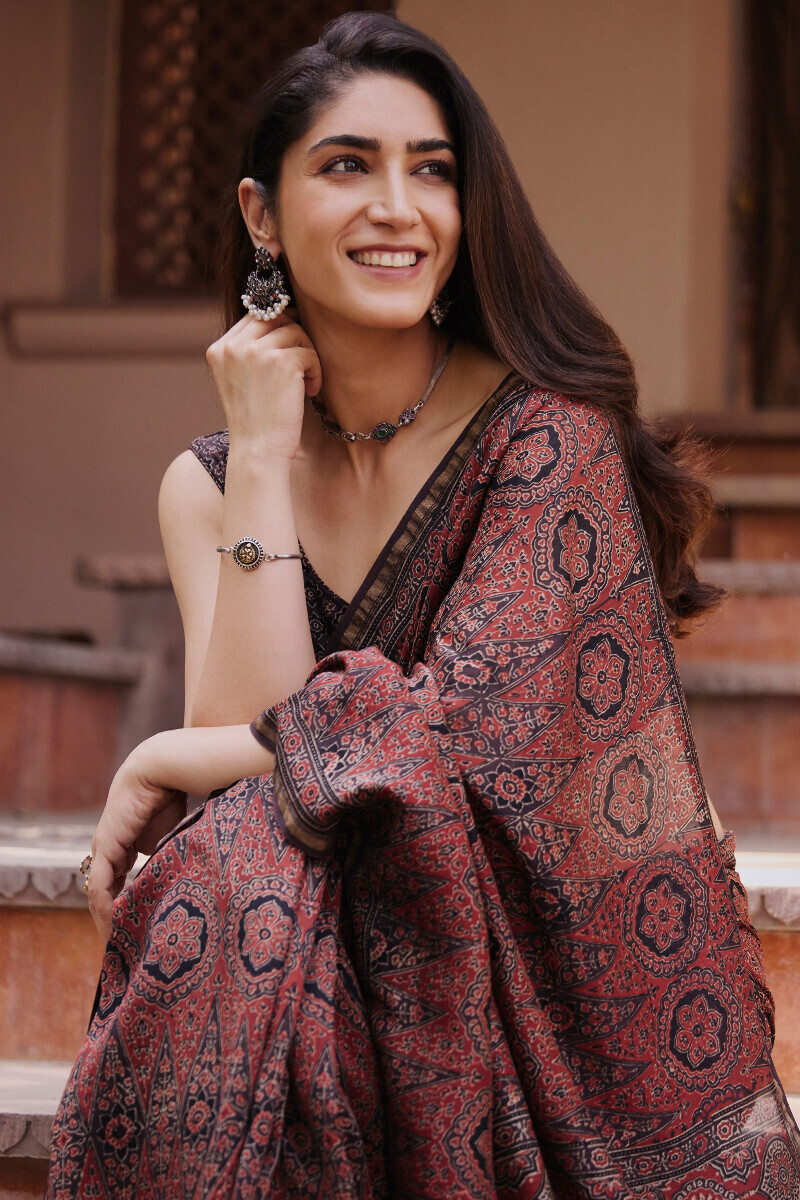 Red Hand Block Printed Chanderi Saree