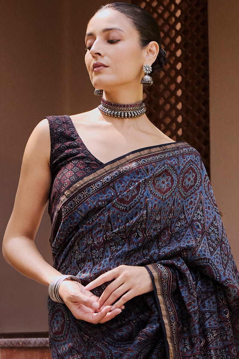 Ajrakh Hand Block-Printed Chanderi Saree