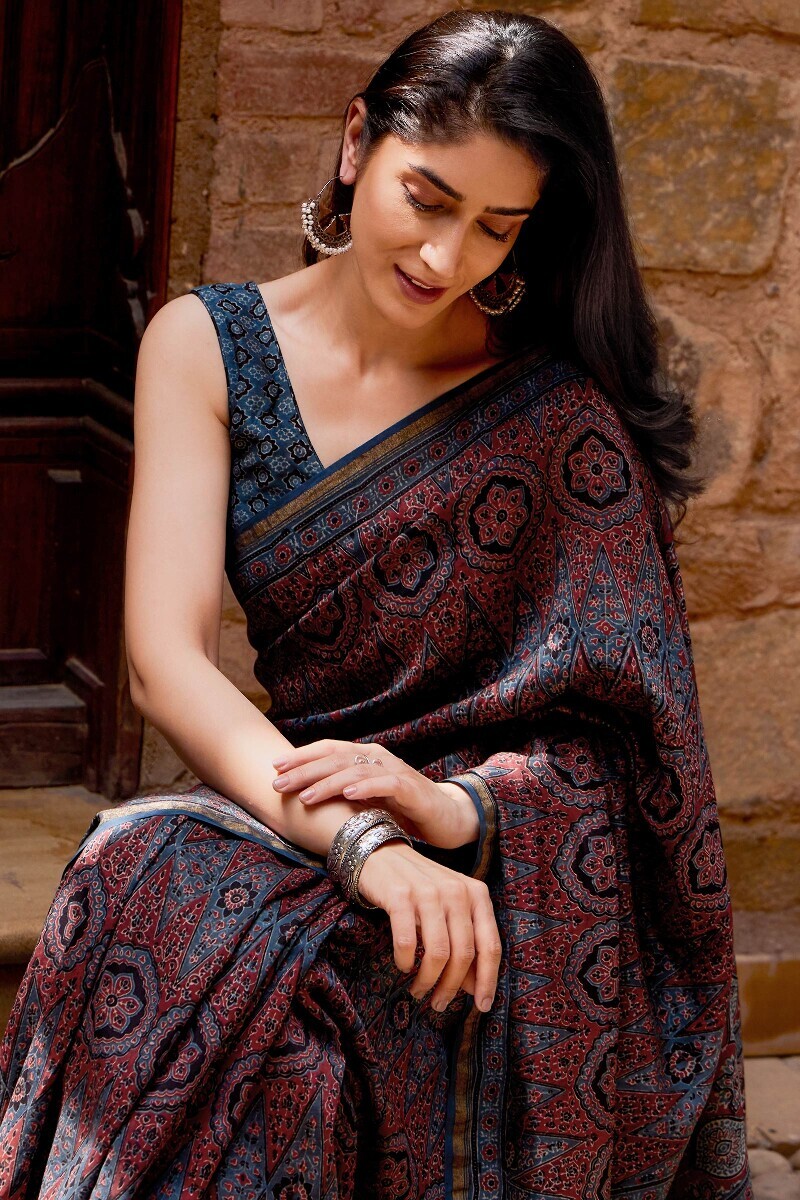 Indigo Hand Block Printed Chanderi Saree