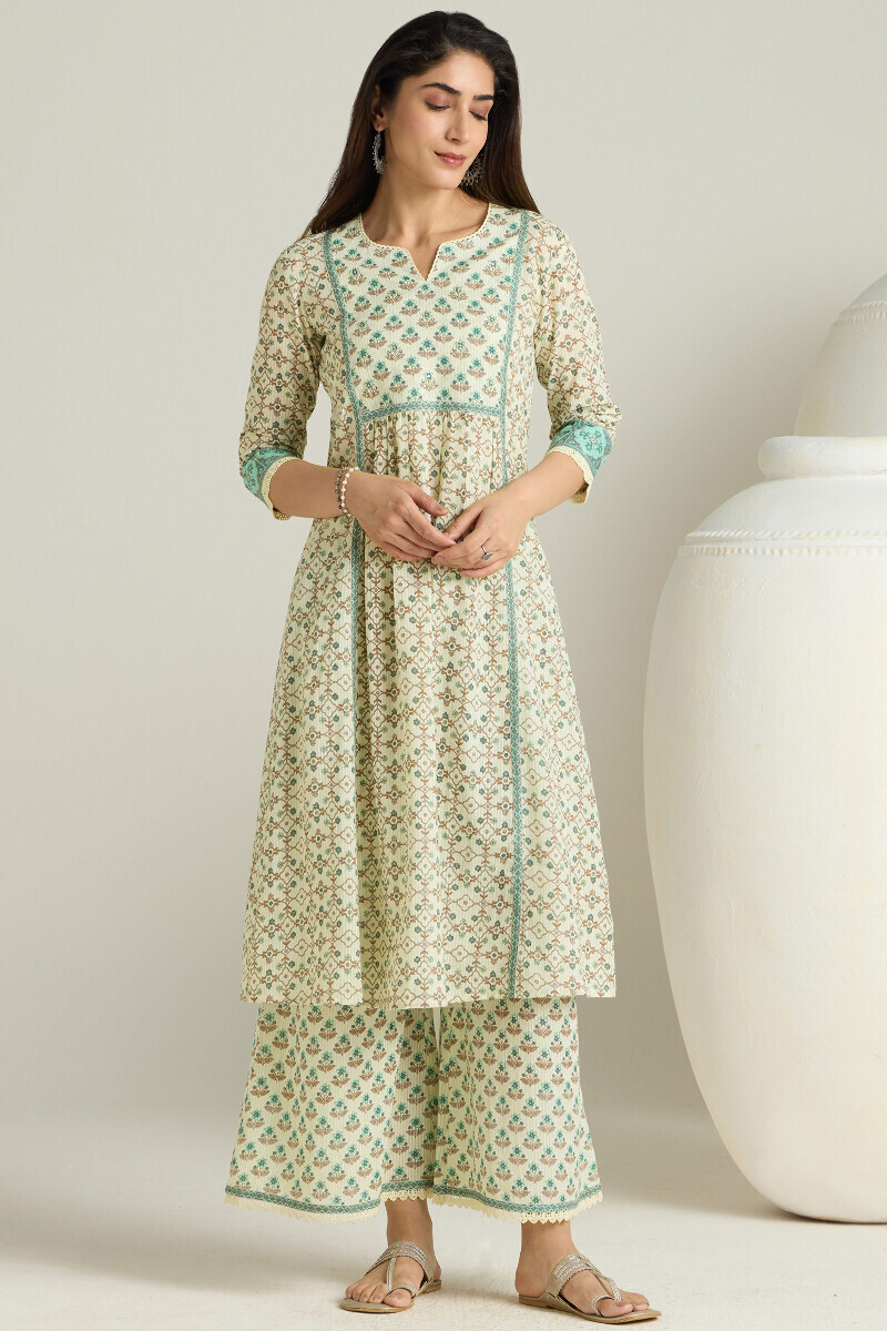 Cream Hand Printed A-Line Cotton Dobby Kurta