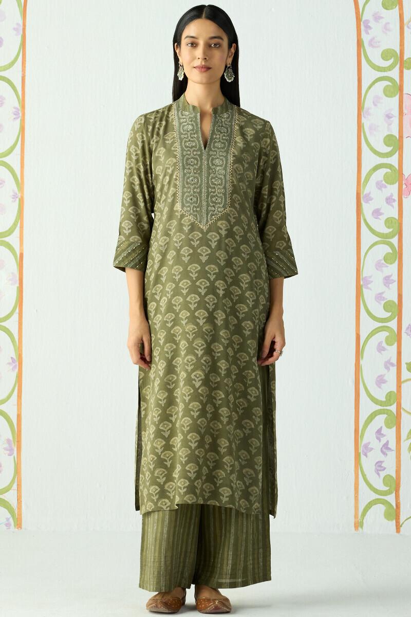 Green Hand Block Printed Straight Modal Kurta