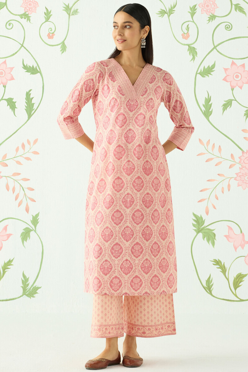 Pink Hand Printed Straight Cotton Slub Kurta