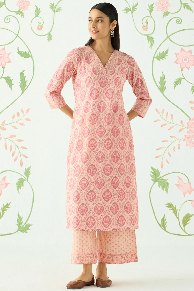 Pink Hand Printed Straight Cotton Slub Kurta