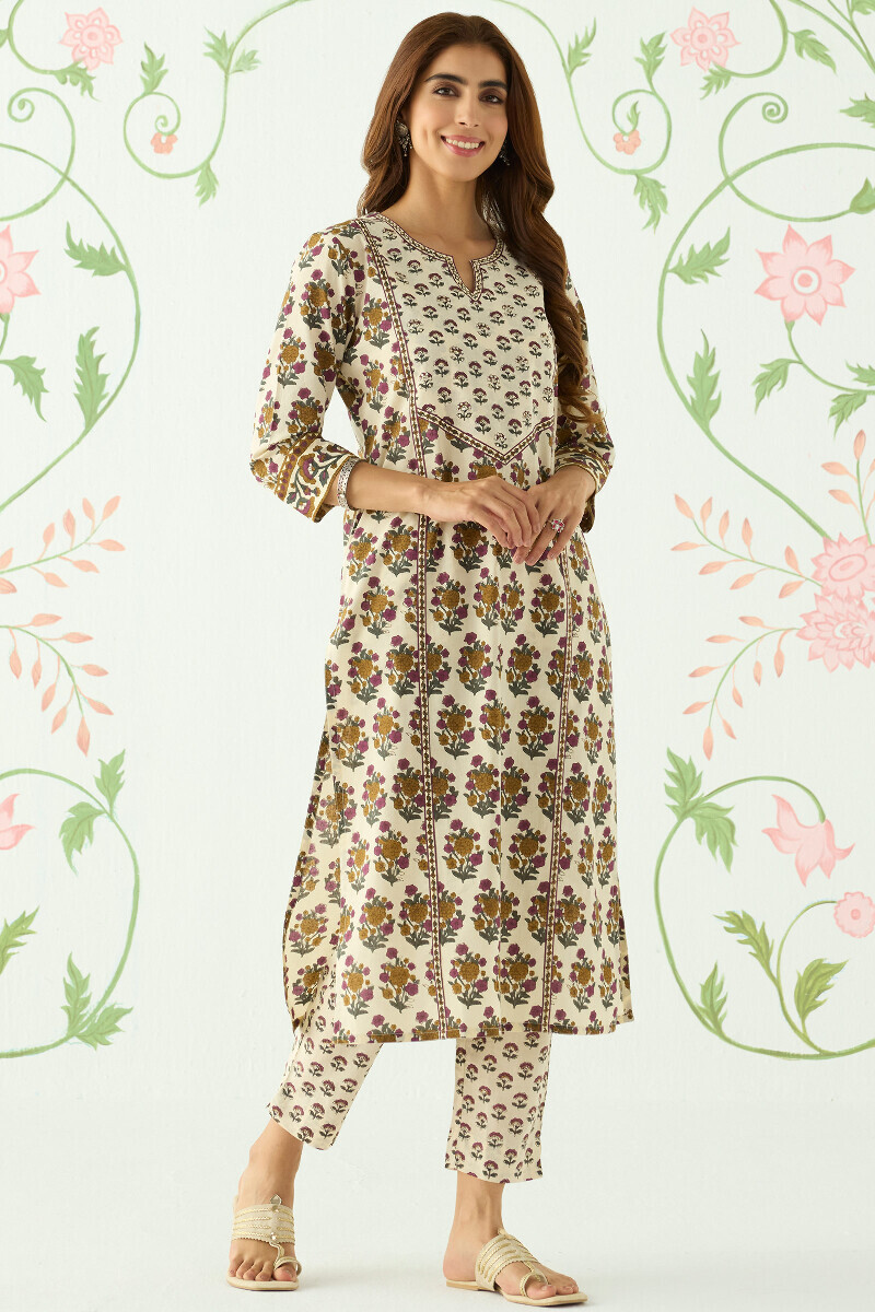 Cream Hand Printed Straight Cotton Kurta