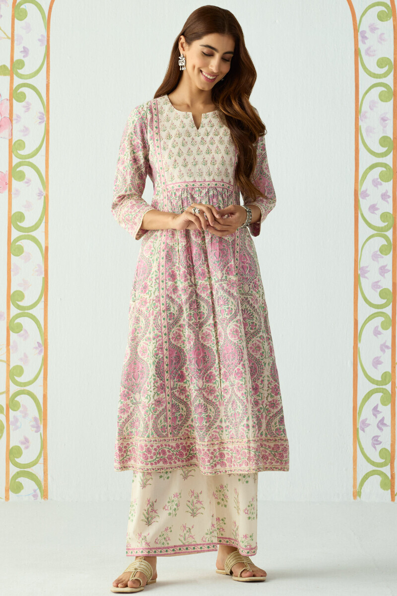Pink Hand Block Printed A-Line Cotton Kurta