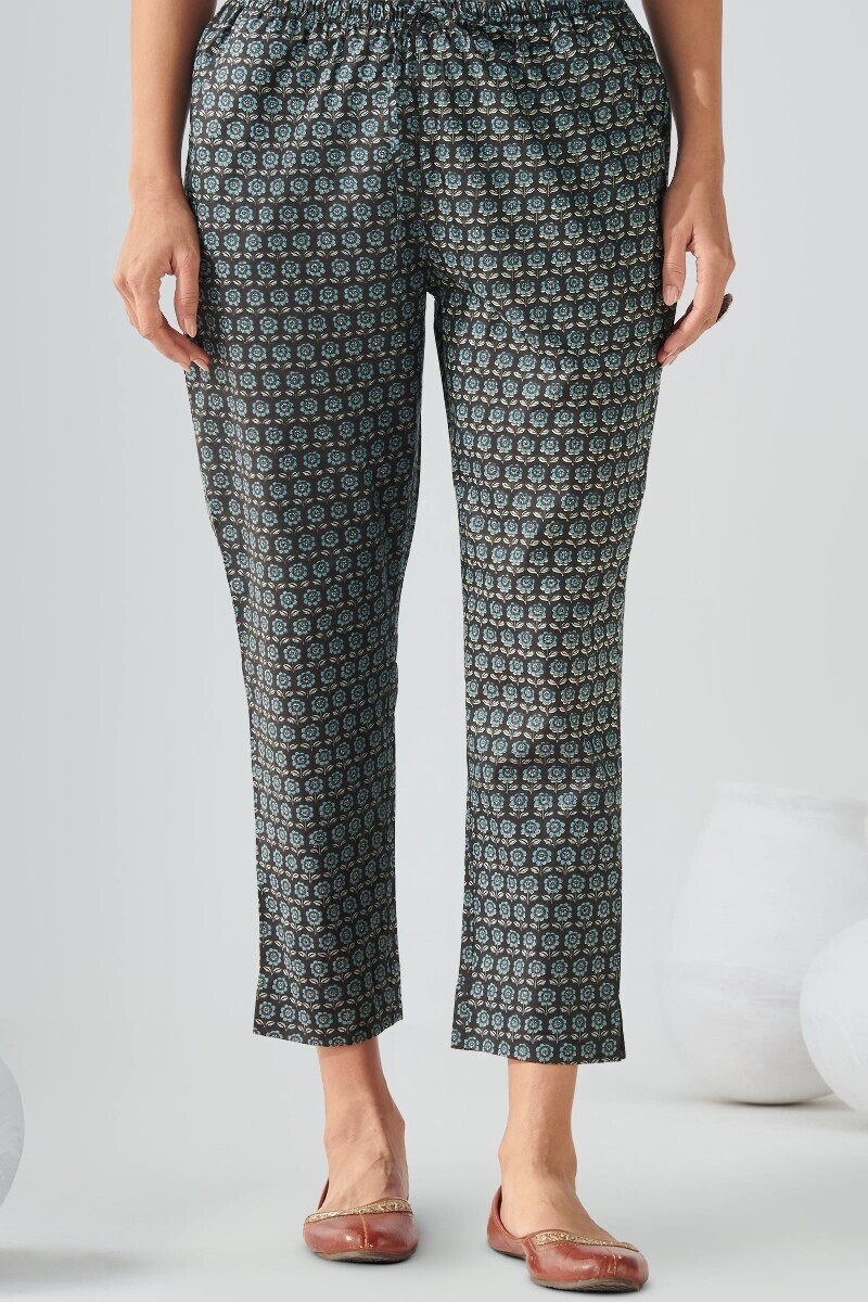 Black Hand Printed Cotton Narrow Pants