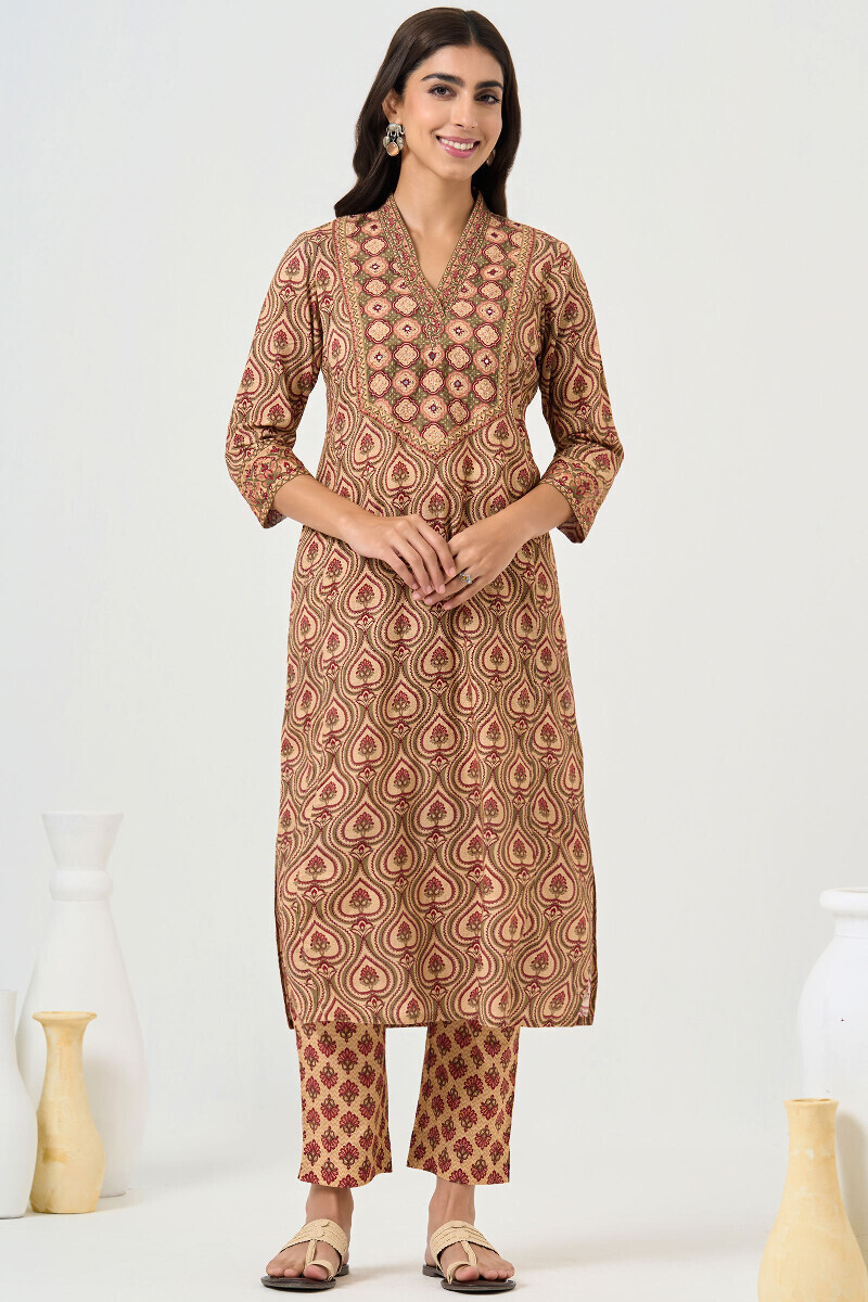 Beige Printed Straight Cotton Kurta