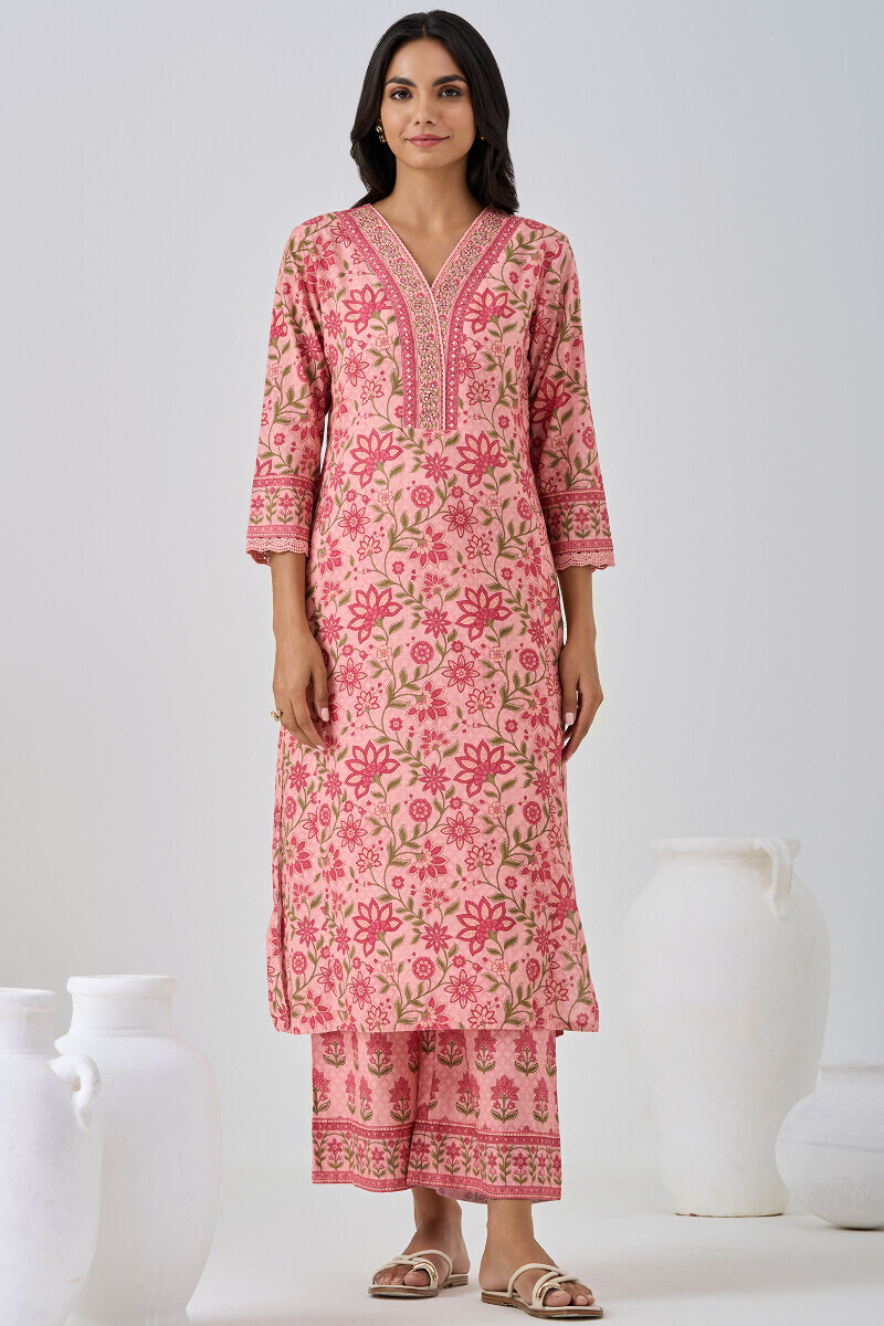 Peach Printed Straight Cotton Kurta