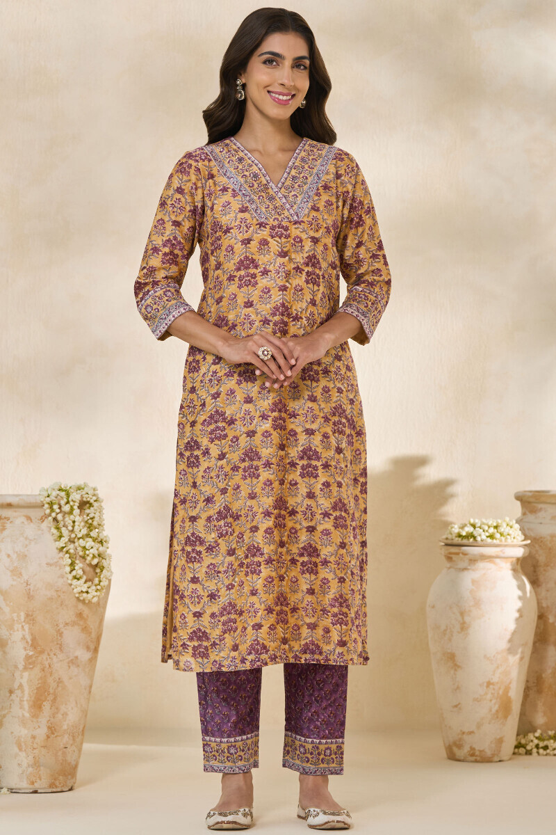 Yellow Hand Block-Printed Straight Chanderi Kurta