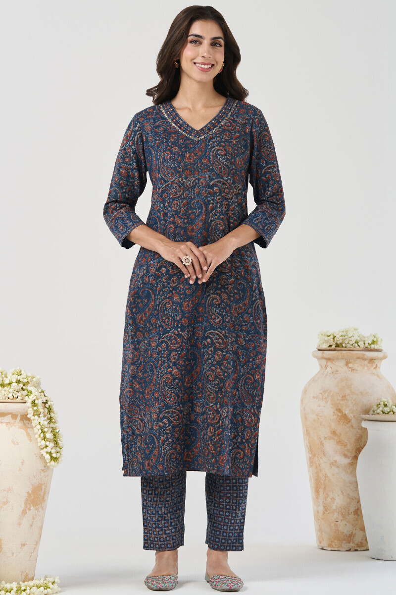 Akola Hand Block-Printed Straight Cotton Dobby Kurta