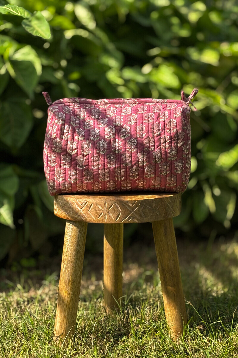 Pink Hand Block-Printed Cotton Vanity Pouch