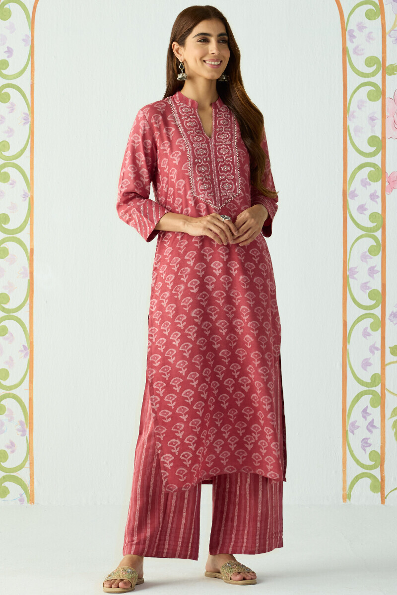 Pink Hand Block Printed Straight Modal Kurta