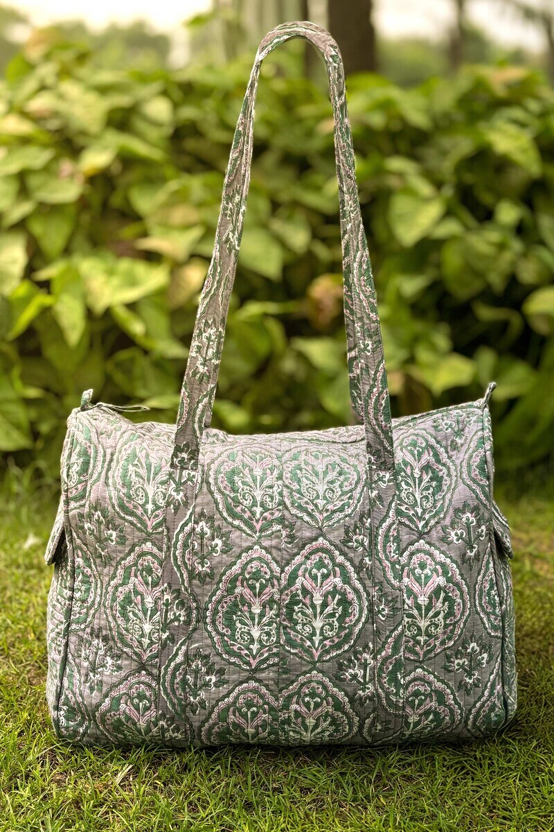 Grey Hand Block-Printed Cotton Duffel Bag