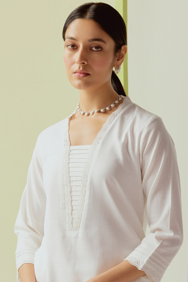 White Handcrafted Straight Cotton Flax Kurta