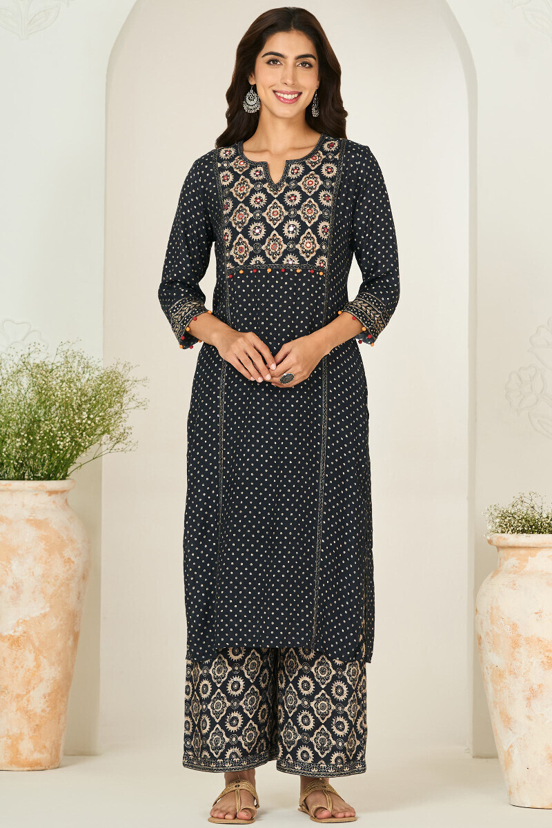 Black Printed Straight Viscose Kurta