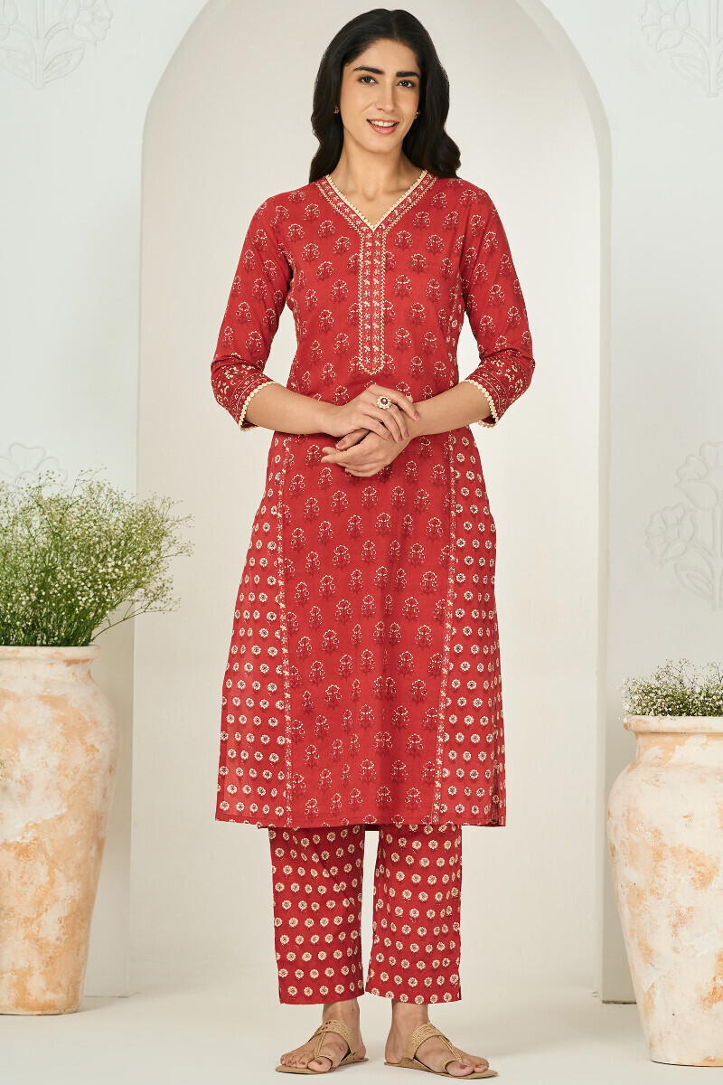 Red Hand Printed Straight Cotton Kurta