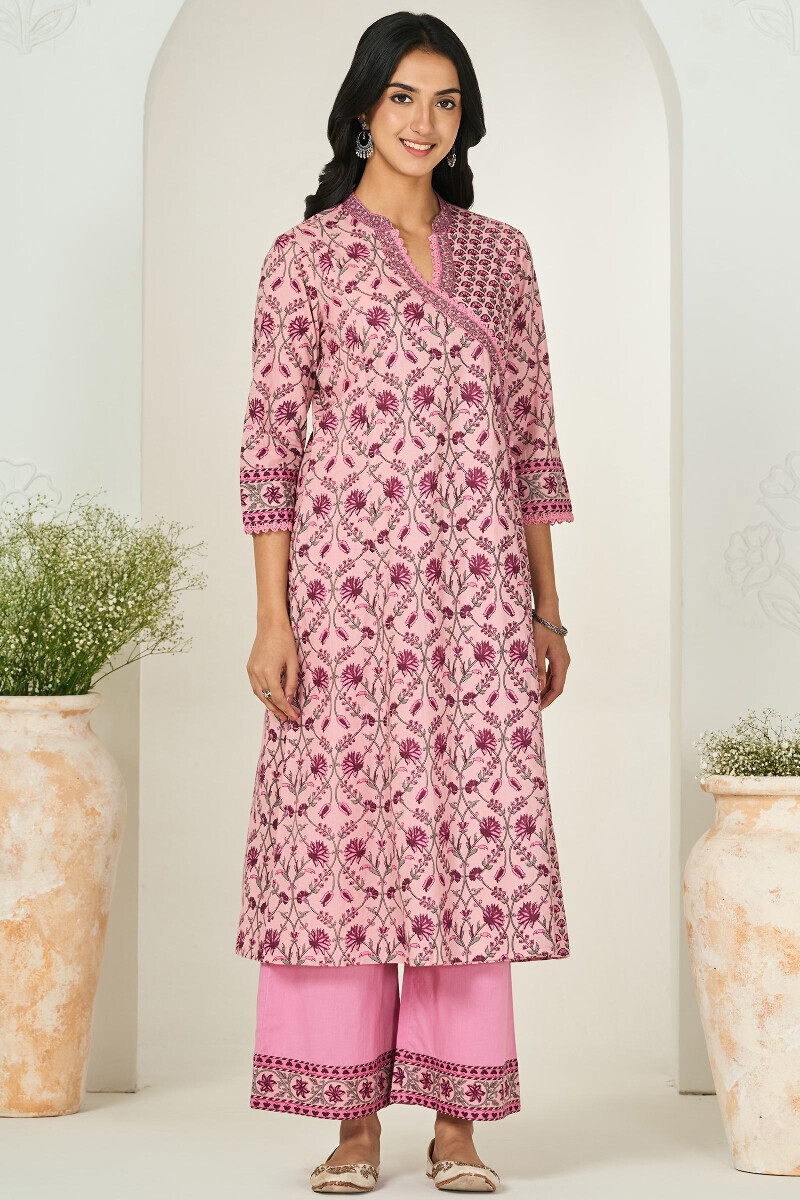 Pink Hand Printed Angrakha Cotton Kurta
