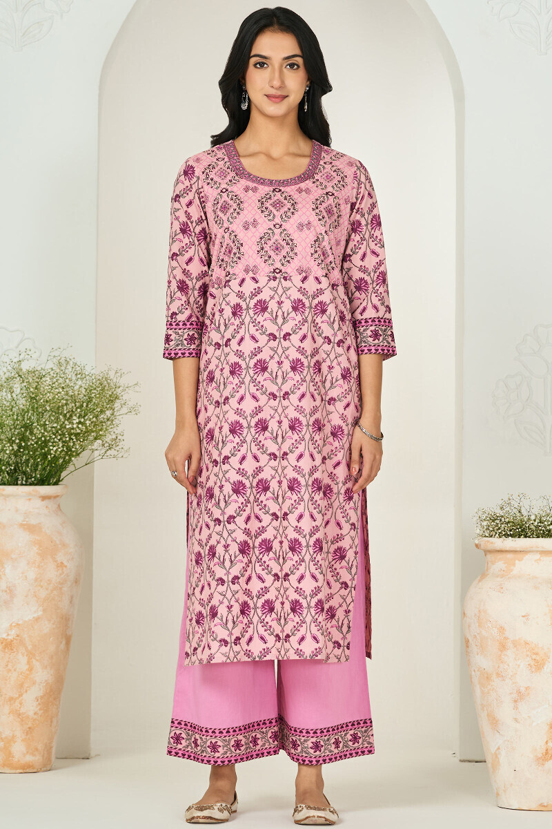 Pink Hand Printed Straight Cotton Kurta
