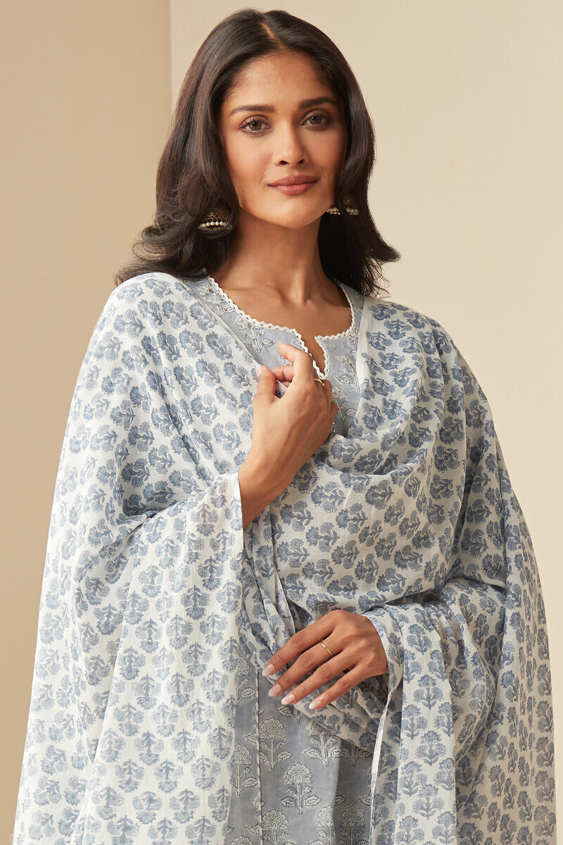 White Hand Block-Printed Cotton Mul Dupatta