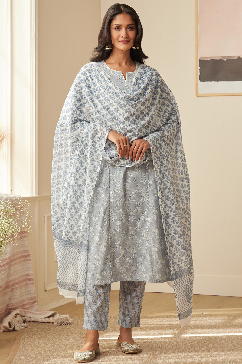 White Hand Block-Printed Cotton Mul Dupatta