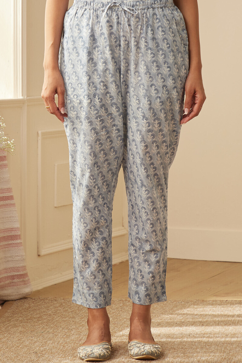Blue Hand Block-Printed Cotton Dobby Narrow Pants