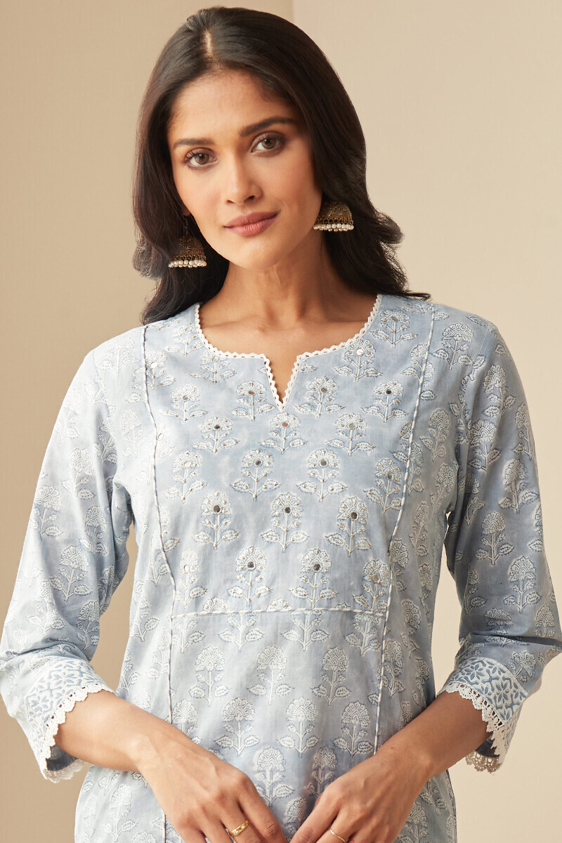 Blue Hand Block-Printed Straight Cotton Kurta