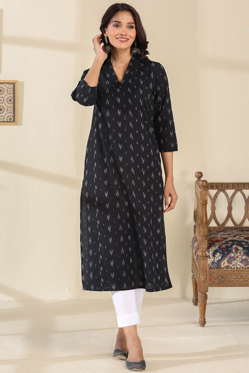 Black Handcrafted Straight Cotton Polyester Kurta