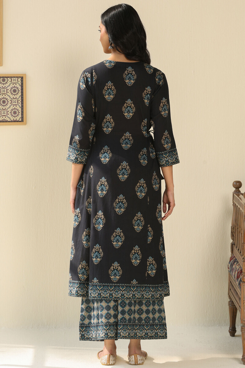 Black Printed A-Line Cotton Dobby Kurta