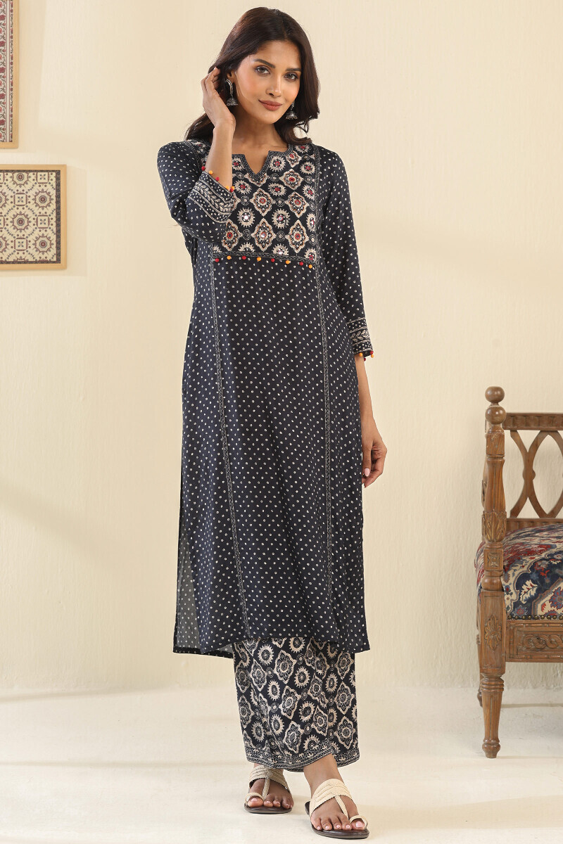Black Printed Straight Viscose Kurta