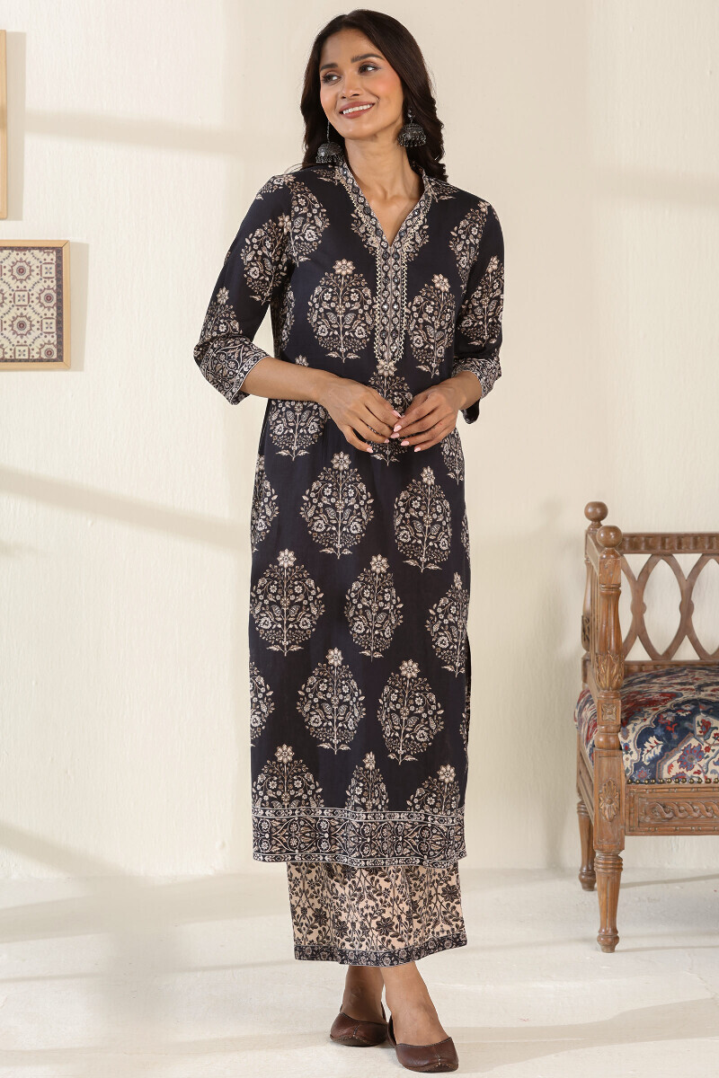 Black Printed Straight Cotton Dobby Kurta