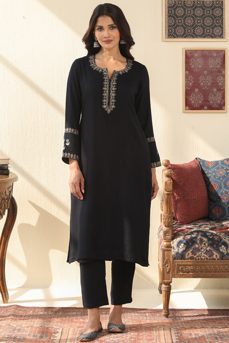 Black Handcrafted Straight Faux Wool Kurta