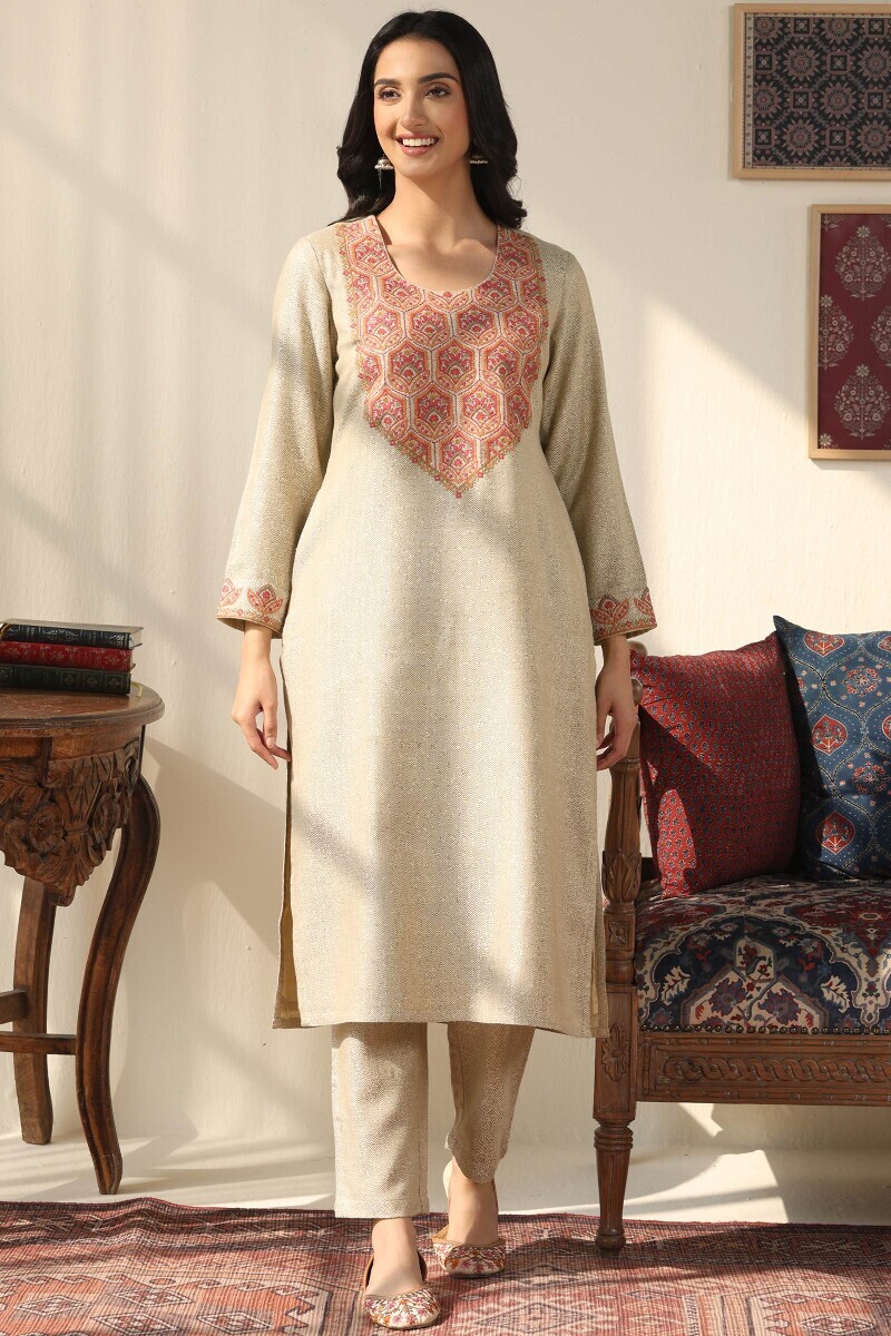 Beige Handcrafted Straight Faux Wool Kurta