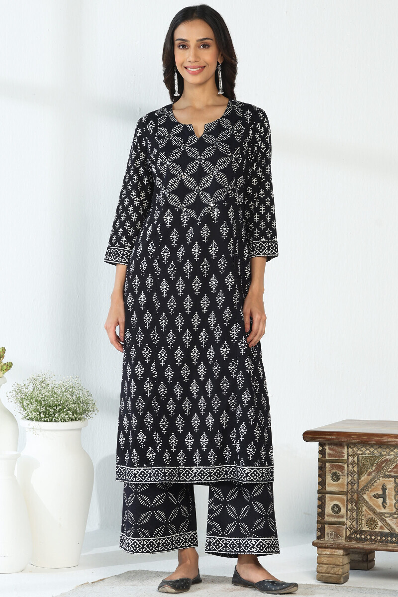 Black Hand Block-Printed Straight Cotton Kurta