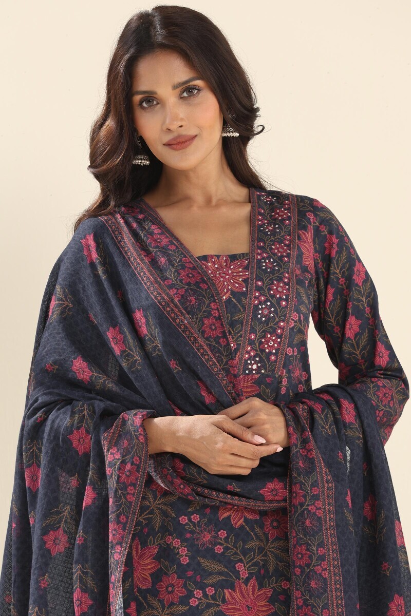 Navy Blue Printed Kota Dupatta