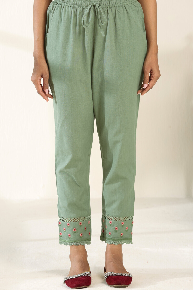 Green Handcrafted Cotton Narrow Pants