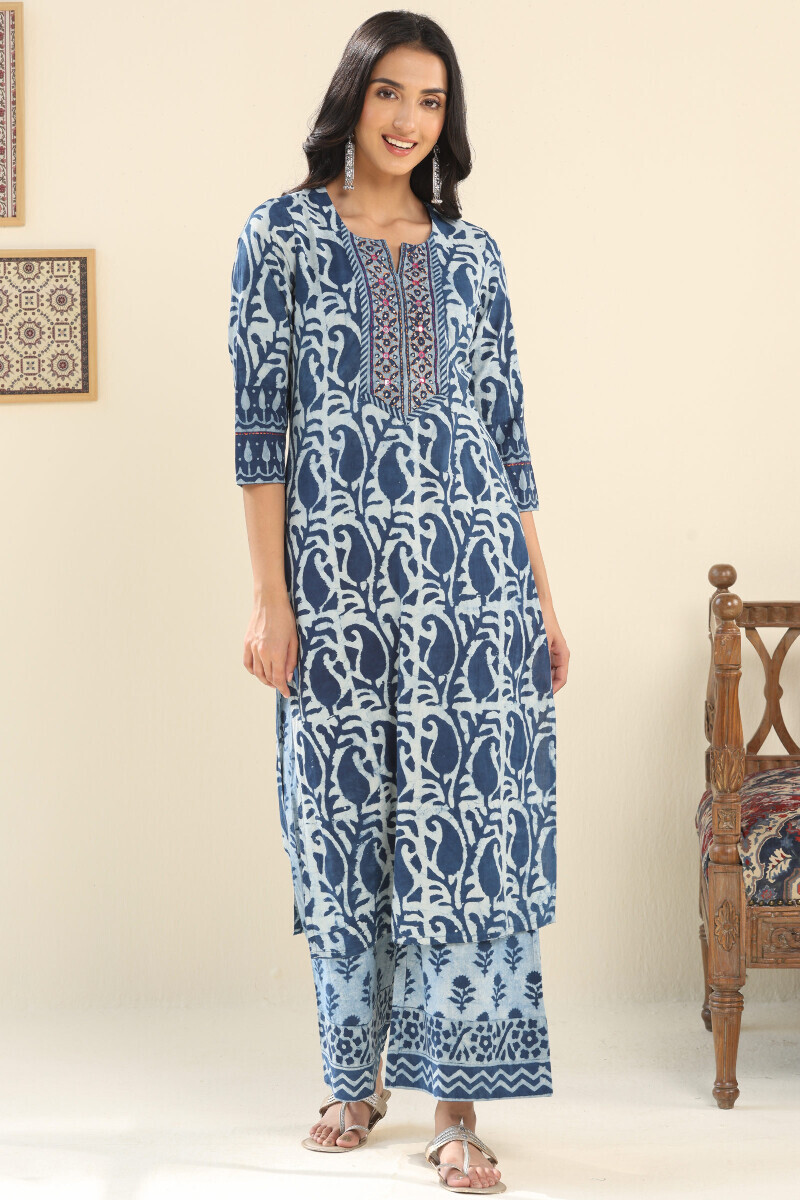 Indigo Hand Block Printed Straight Cotton Kurta