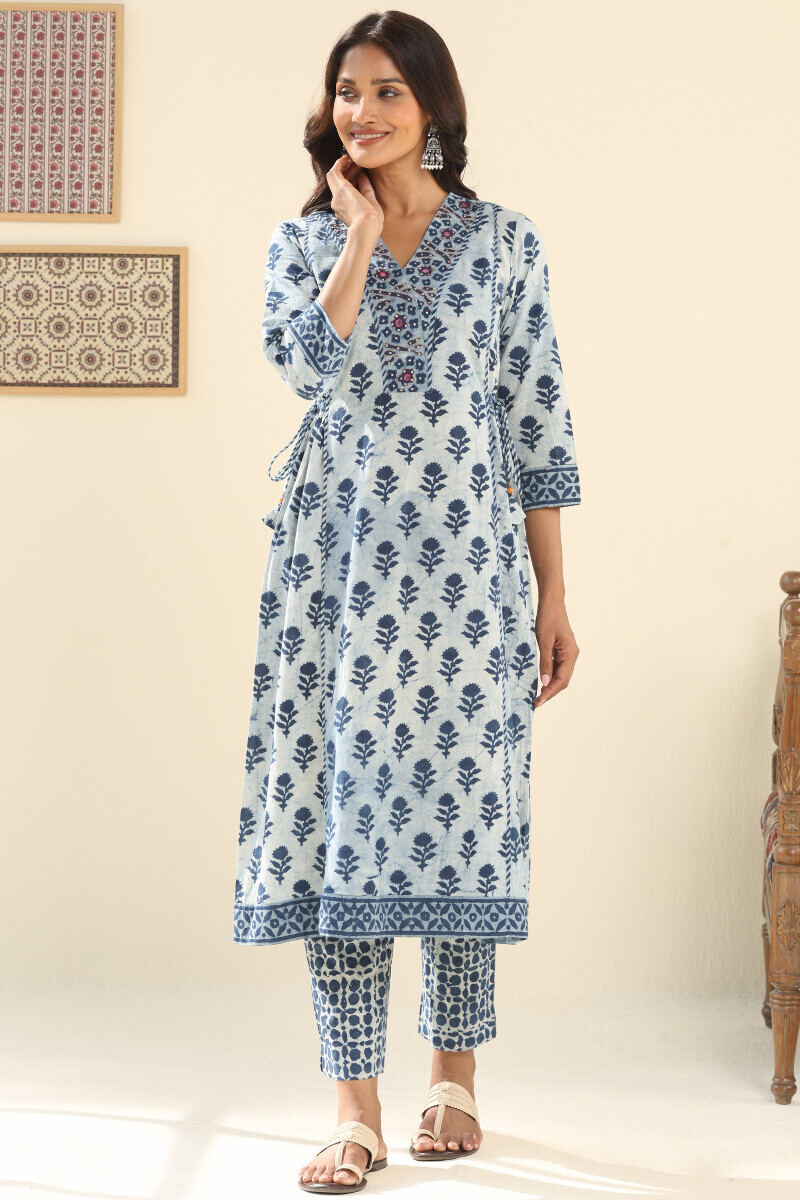Indigo Hand Block Printed A-Line Cotton Kurta