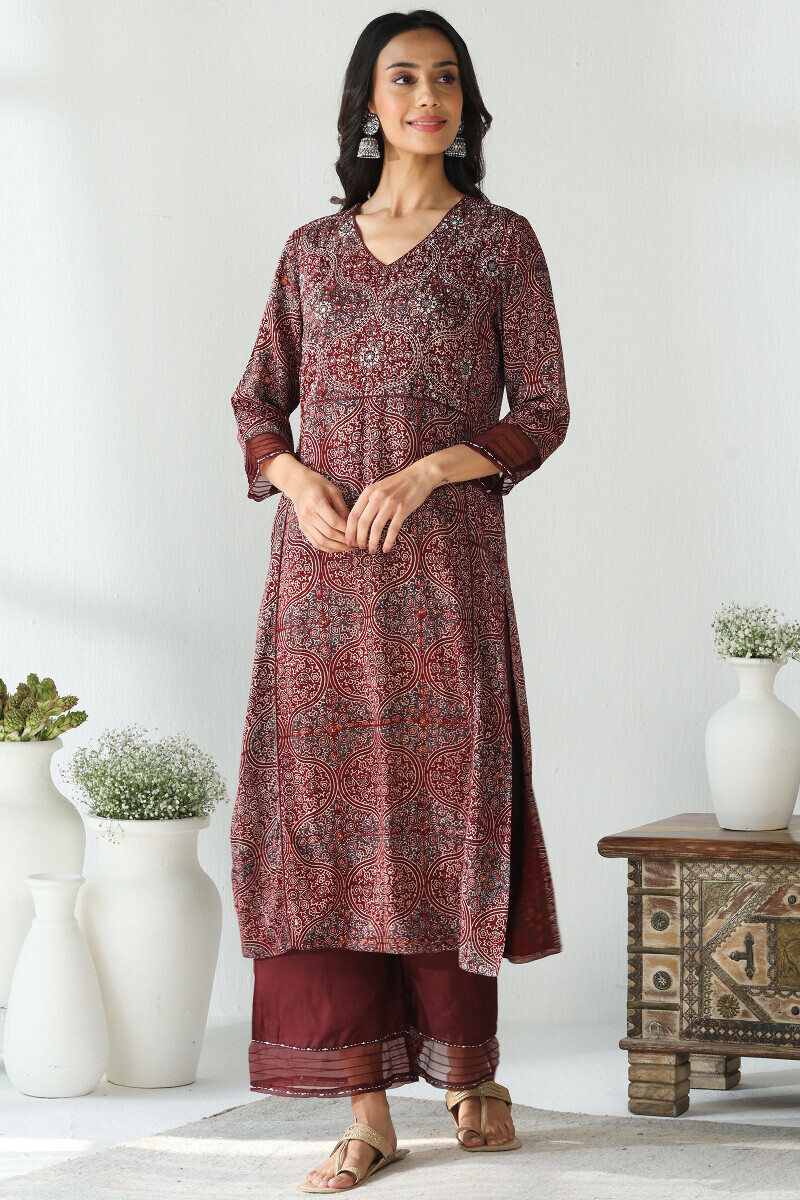 Ajrakh Hand Block-Printed Straight Modal Kurta