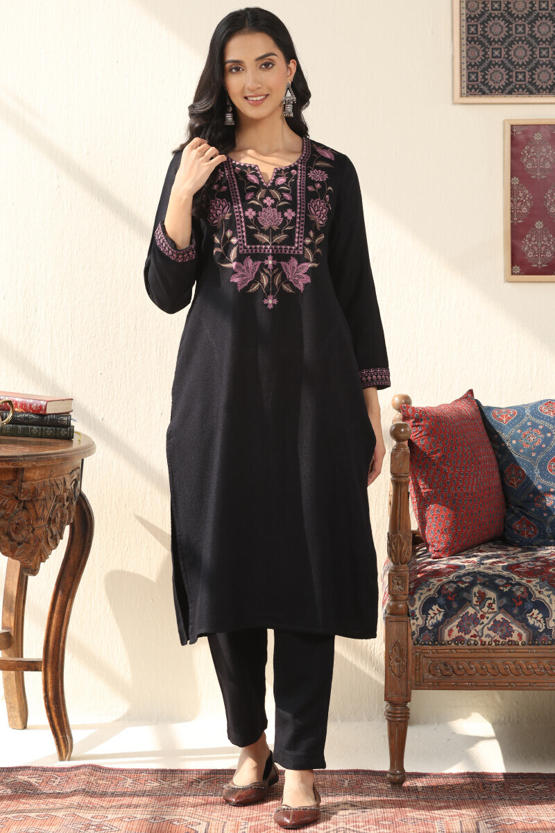 Black Handcrafted Straight Faux Wool Kurta