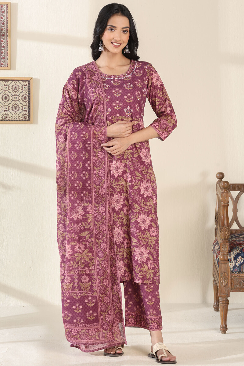 Purple Printed Straight Cotton Kurta