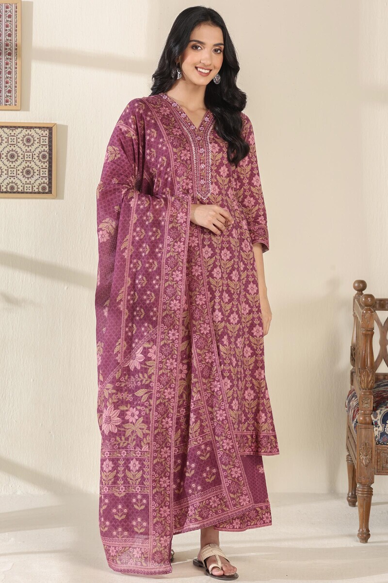 Purple Printed A-Line Cotton Kurta