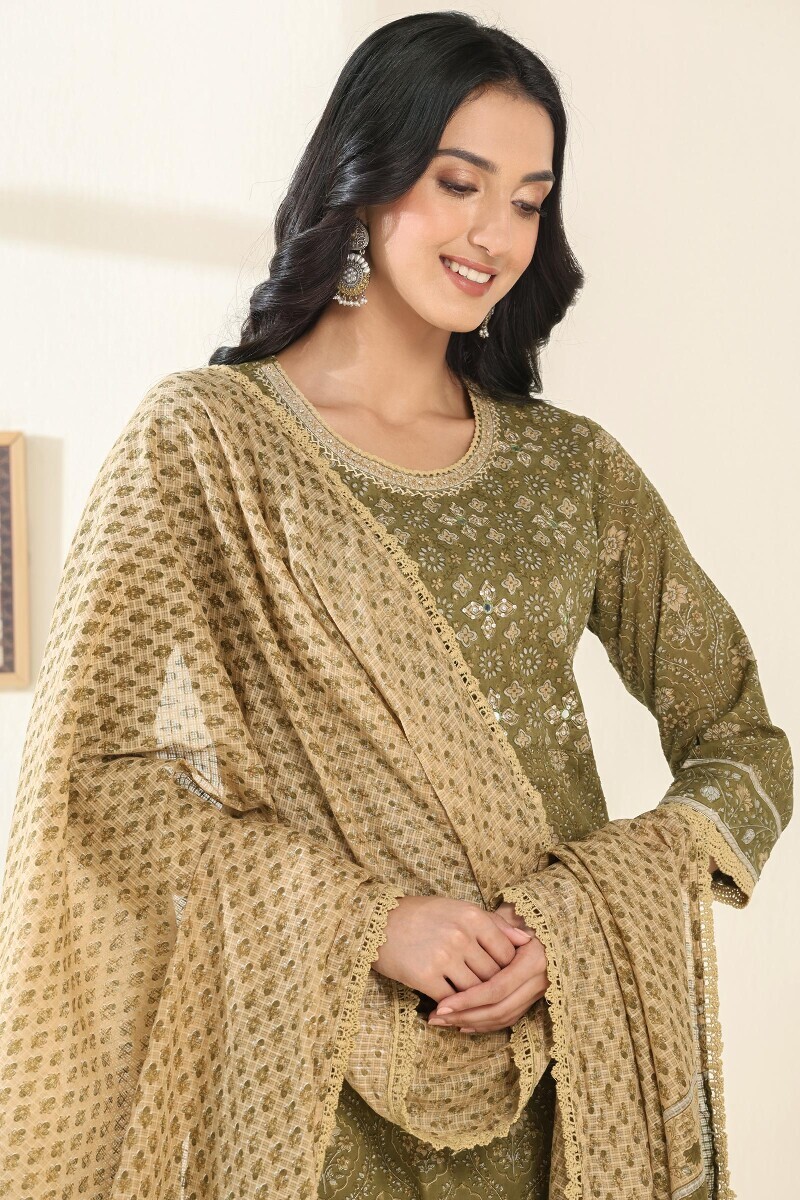 Green Hand Block Printed Kota Dupatta