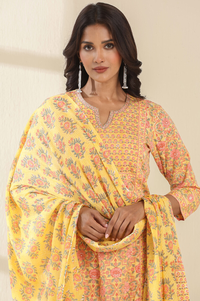 Yellow Hand Block Printed Kota Dupatta