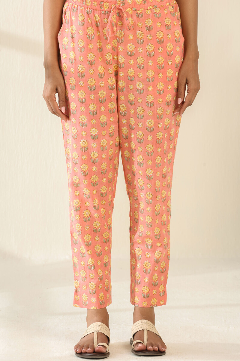 Pink Hand Block Printed Cotton Slub Narrow Pants